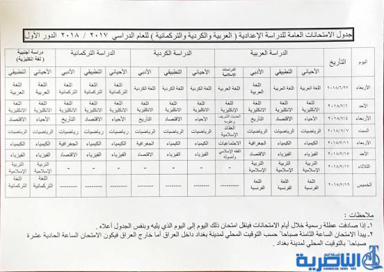 الجدول الجديد لامتحانات الدراسة الاعدادية