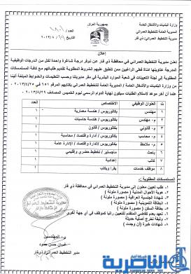 مديرية التخطيط العمراني في ذي قار : درجات وظيفية شاغرة